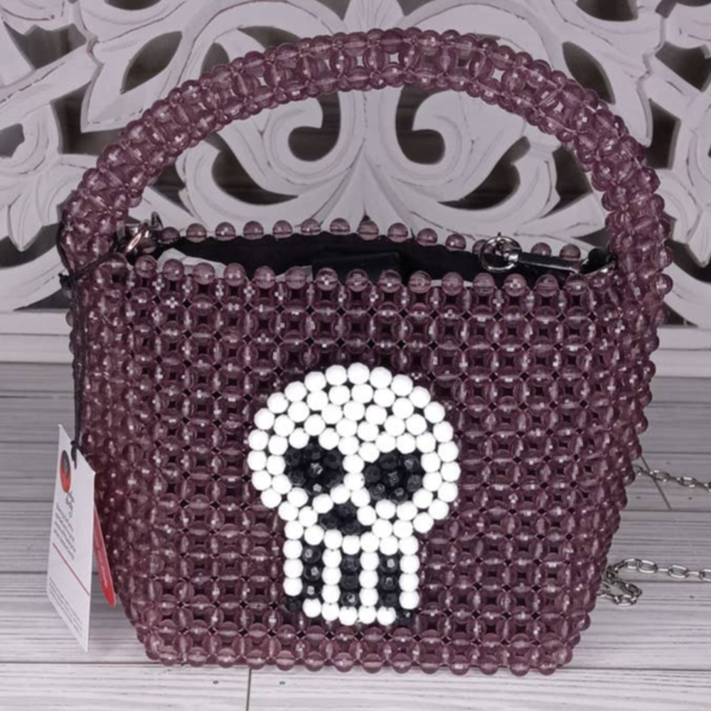 Bouffants & Broken Hearts Beaded Skeleton Crossbody Purse - New